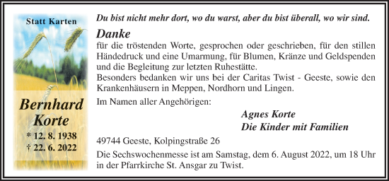 Traueranzeige von Bernhard Korte von Neue Osnabrücker Zeitung GmbH & Co. KG