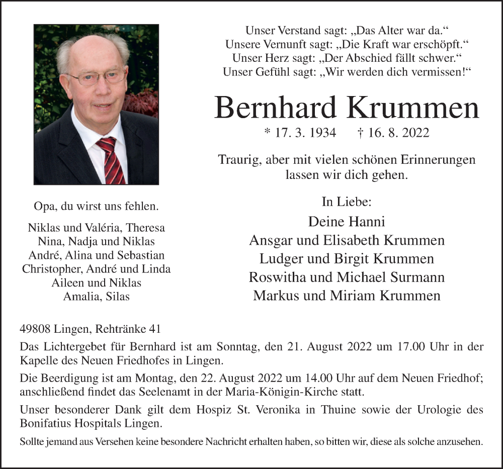  Traueranzeige für Bernhard Krummen vom 19.08.2022 aus Neue Osnabrücker Zeitung GmbH & Co. KG