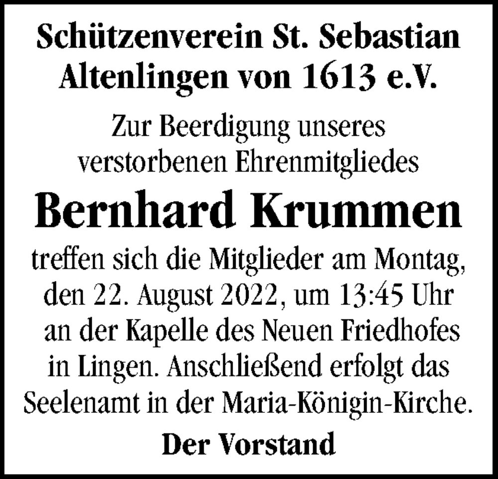  Traueranzeige für Bernhard Krummen vom 20.08.2022 aus Neue Osnabrücker Zeitung GmbH & Co. KG