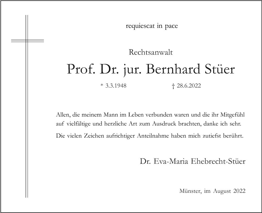  Traueranzeige für Bernhard Stüer vom 13.08.2022 aus Neue Osnabrücker Zeitung GmbH & Co. KG