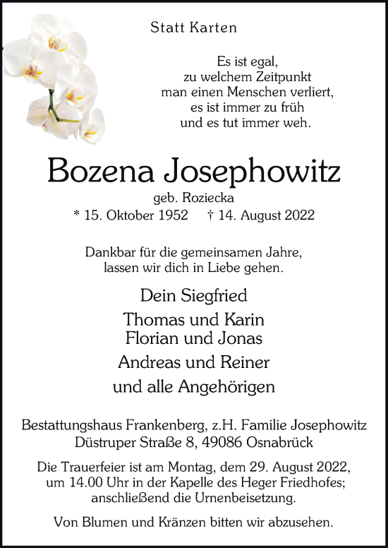 Traueranzeige von Bozena Josephowitz von Neue Osnabrücker Zeitung GmbH & Co. KG