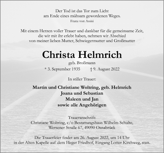 Traueranzeige von Christa Helmrich von Neue Osnabrücker Zeitung GmbH & Co. KG