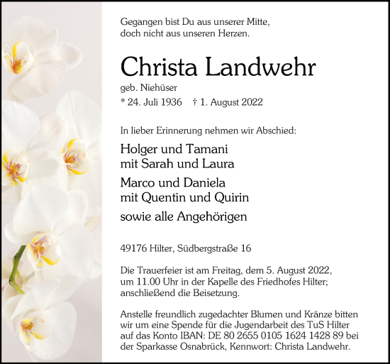 Traueranzeige von Christa Landwehr von Neue Osnabrücker Zeitung GmbH & Co. KG