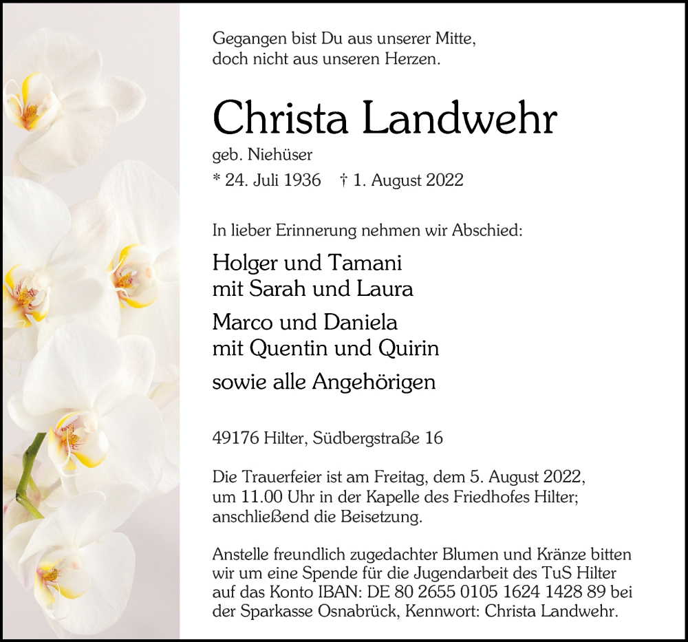  Traueranzeige für Christa Landwehr vom 03.08.2022 aus Neue Osnabrücker Zeitung GmbH & Co. KG