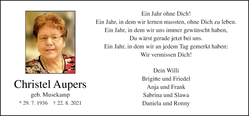  Traueranzeige für Christel Aupers vom 22.08.2022 aus Neue Osnabrücker Zeitung GmbH & Co. KG