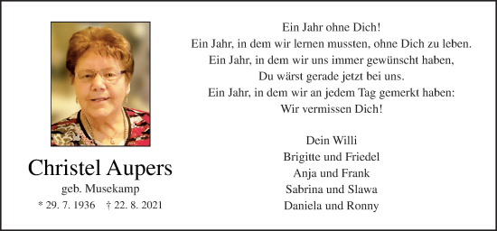 Traueranzeige von Christel Aupers von Neue Osnabrücker Zeitung GmbH & Co. KG
