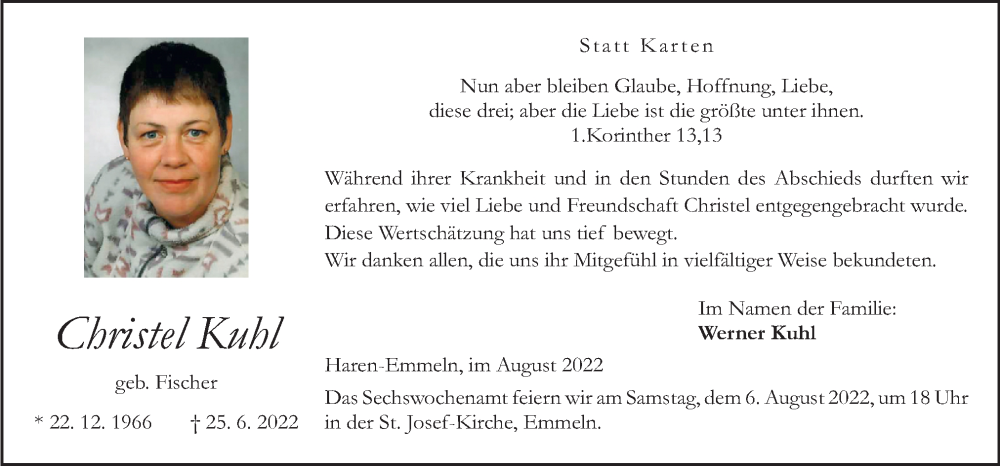  Traueranzeige für Christel Kuhl vom 03.08.2022 aus Neue Osnabrücker Zeitung GmbH & Co. KG