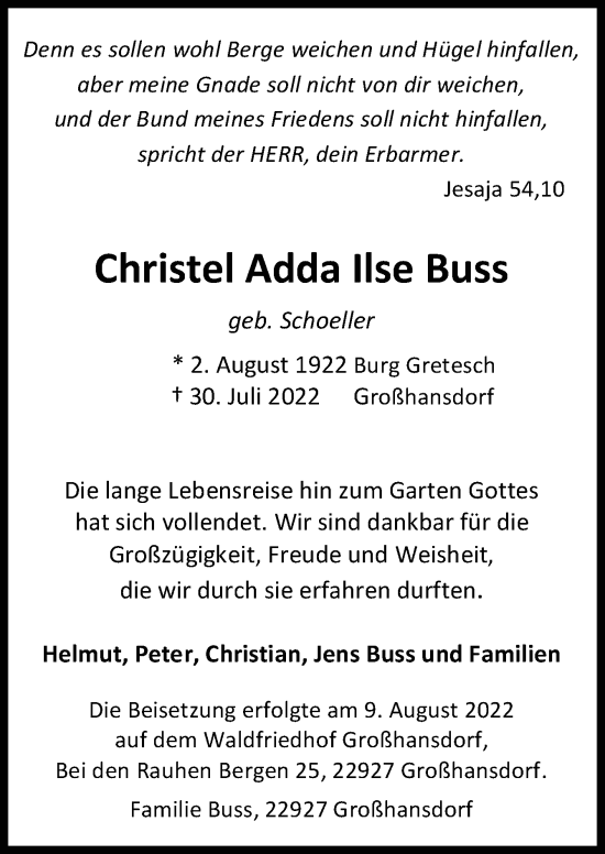 Traueranzeige von Christel Adda Ilse Buss von Neue Osnabrücker Zeitung GmbH & Co. KG
