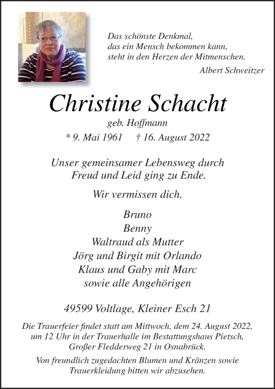 Traueranzeige von Christine Schacht von Neue Osnabrücker Zeitung GmbH & Co. KG