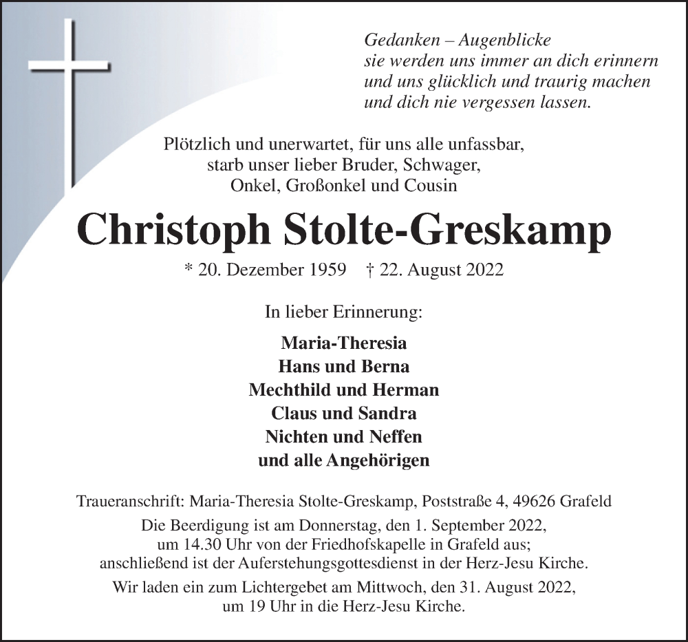  Traueranzeige für Christoph Stolte-Greskamp vom 29.08.2022 aus Neue Osnabrücker Zeitung GmbH & Co. KG