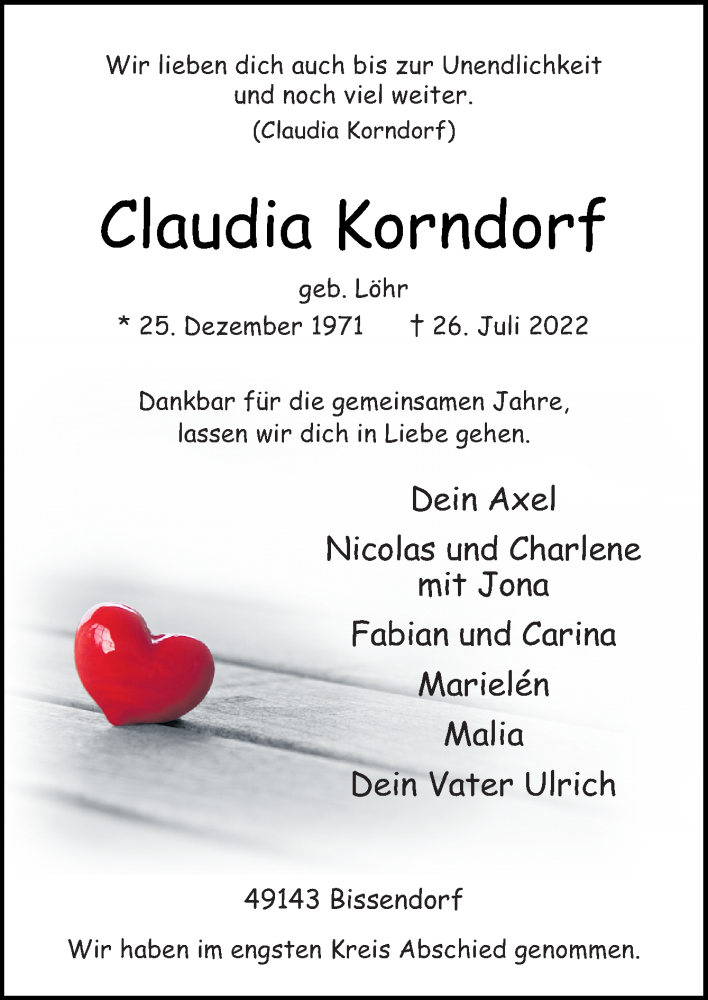  Traueranzeige für Claudia Korndorf vom 13.08.2022 aus Neue Osnabrücker Zeitung GmbH & Co. KG