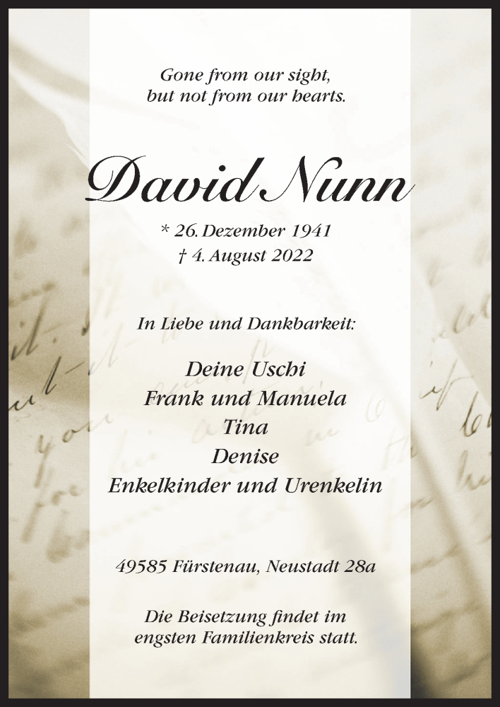  Traueranzeige für David Nunn vom 06.08.2022 aus Neue Osnabrücker Zeitung GmbH & Co. KG