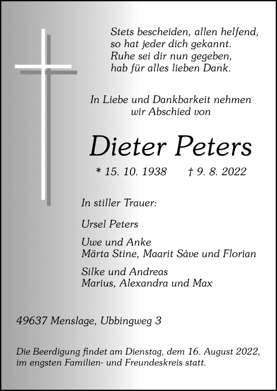 Traueranzeige von Dieter Peters von Neue Osnabrücker Zeitung GmbH & Co. KG