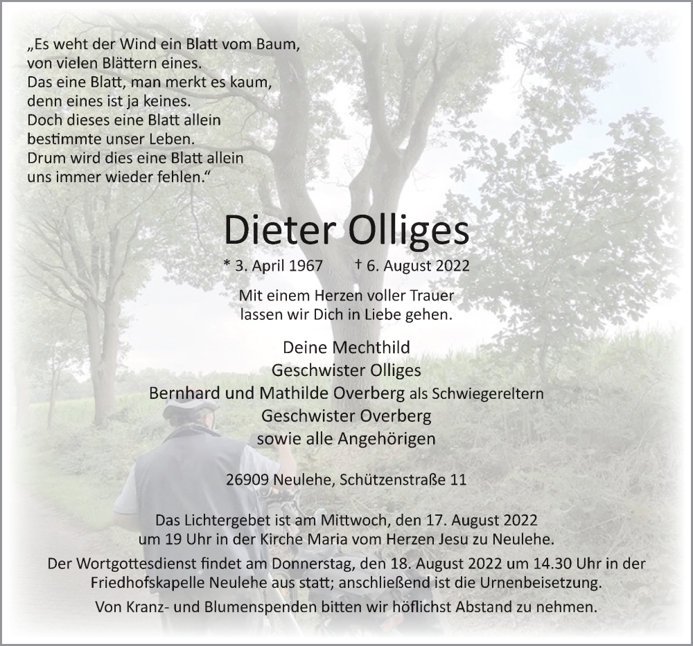  Traueranzeige für Dieter Olliges vom 13.08.2022 aus Neue Osnabrücker Zeitung GmbH & Co. KG