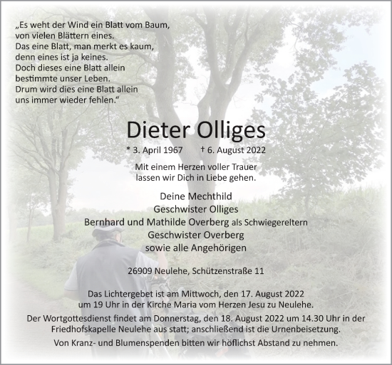 Traueranzeige von Dieter Olliges von Neue Osnabrücker Zeitung GmbH & Co. KG