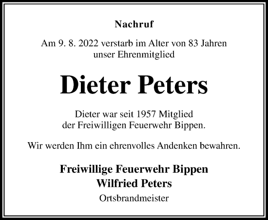 Traueranzeige von Dieter Peters von Neue Osnabrücker Zeitung GmbH & Co. KG