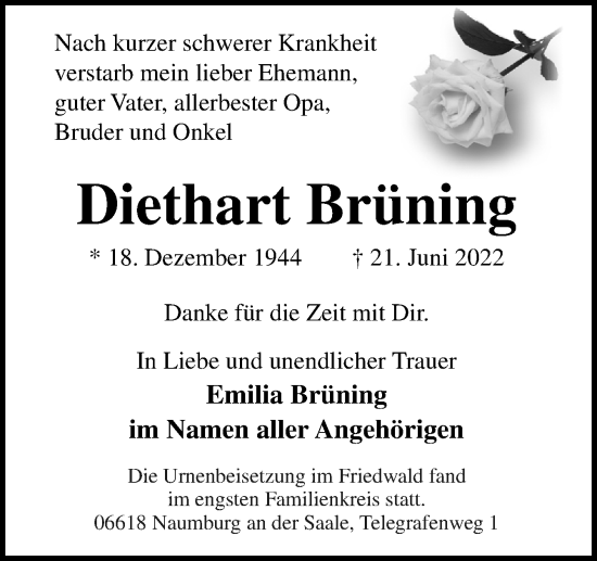 Traueranzeige von Diethart Brüning von Neue Osnabrücker Zeitung GmbH & Co. KG