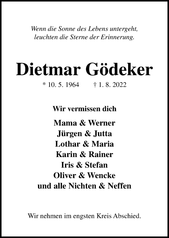 Traueranzeige von Dietmar Gödeker von Neue Osnabrücker Zeitung GmbH & Co. KG