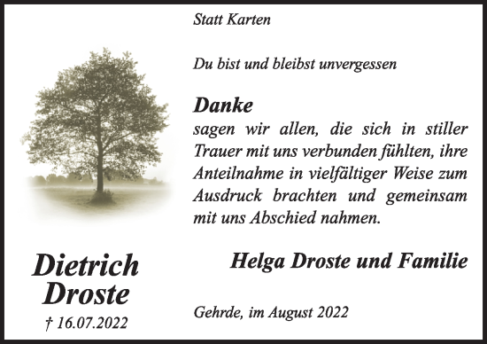 Traueranzeige von Dietrich Droste von Neue Osnabrücker Zeitung GmbH & Co. KG