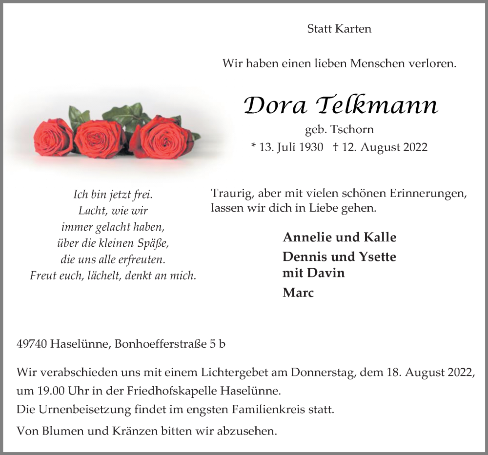  Traueranzeige für Dora Telkmann vom 15.08.2022 aus Neue Osnabrücker Zeitung GmbH & Co. KG