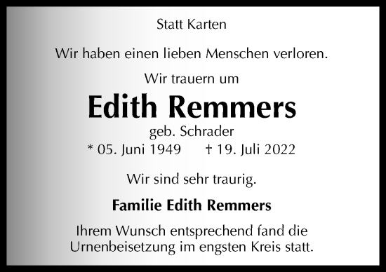 Traueranzeige von Edith Remmers von Neue Osnabrücker Zeitung GmbH & Co. KG