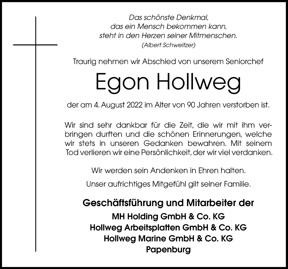  Traueranzeige für Egon Hollweg vom 11.08.2022 aus Neue Osnabrücker Zeitung GmbH & Co. KG