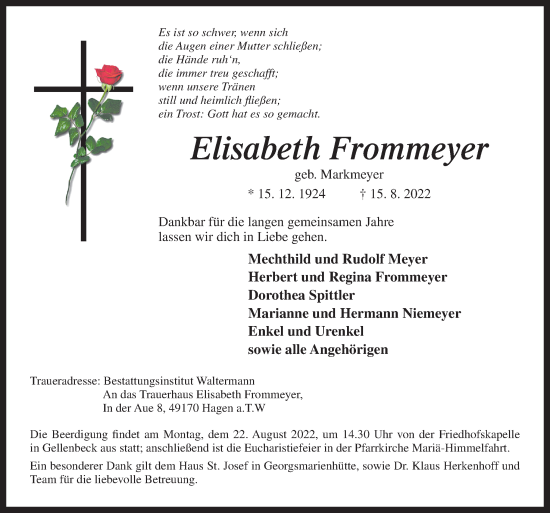 Traueranzeige von Elisabeth Frommeyer von Neue Osnabrücker Zeitung GmbH & Co. KG