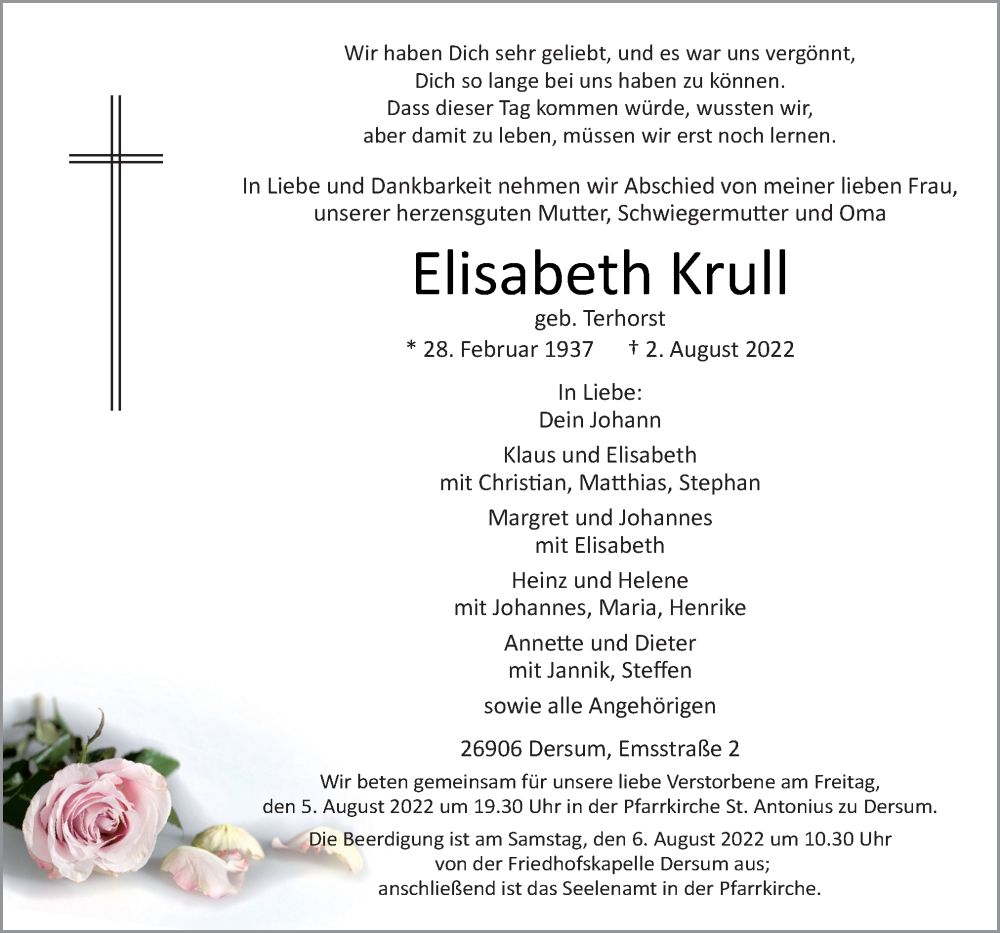  Traueranzeige für Elisabeth Krull vom 04.08.2022 aus Neue Osnabrücker Zeitung GmbH & Co. KG