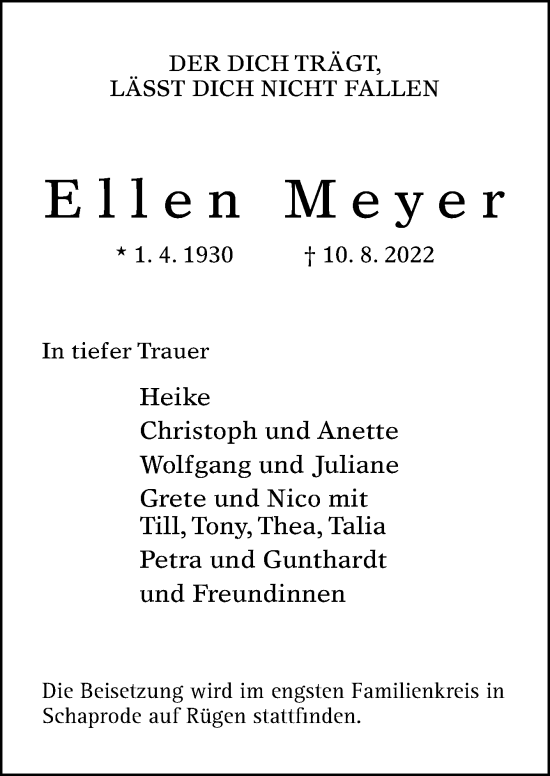 Traueranzeige von Ellen Meyer von Neue Osnabrücker Zeitung GmbH & Co. KG