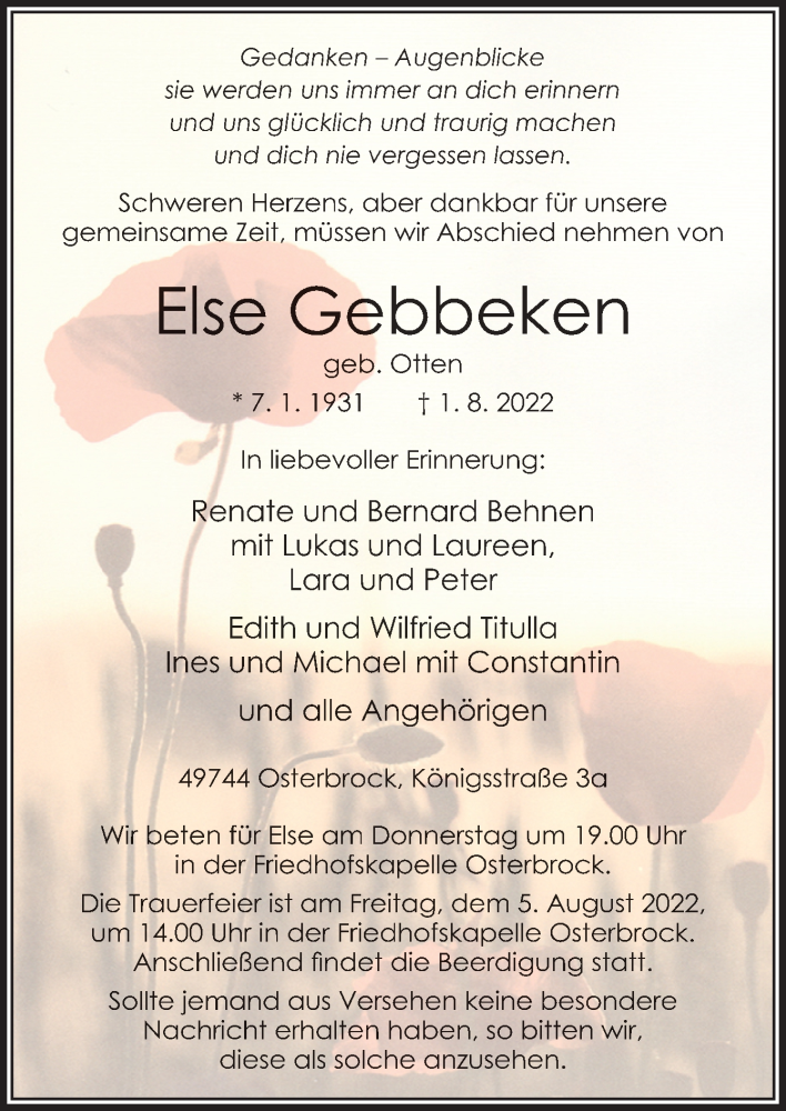  Traueranzeige für Else Gebbeken vom 03.08.2022 aus Neue Osnabrücker Zeitung GmbH & Co. KG