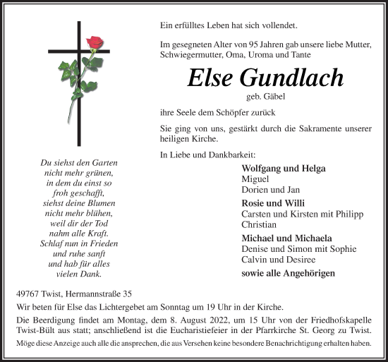 Traueranzeige von Else Gundlach von Neue Osnabrücker Zeitung GmbH & Co. KG