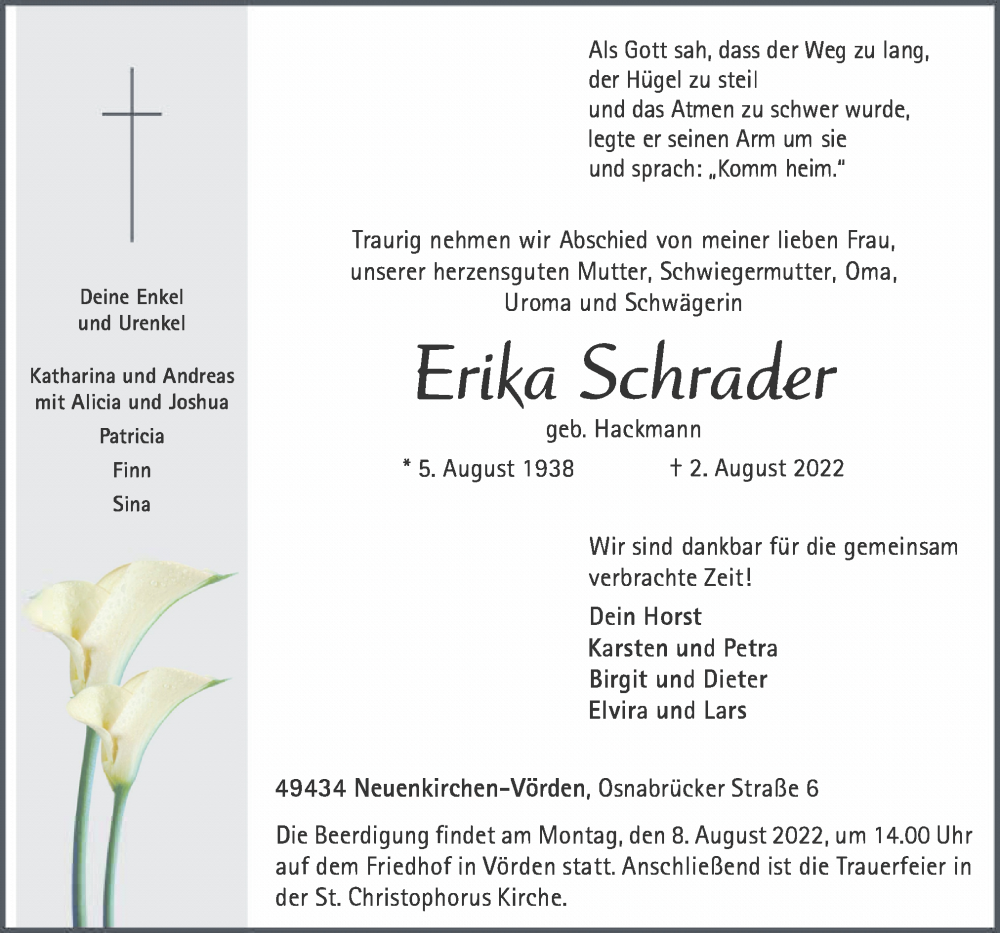  Traueranzeige für Erika Schrader vom 04.08.2022 aus Neue Osnabrücker Zeitung GmbH & Co. KG