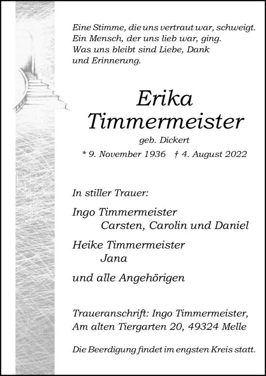 Traueranzeige von Erika Timmermeister von Neue Osnabrücker Zeitung GmbH & Co. KG