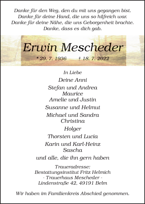Traueranzeige von Erwin Mescheder von Neue Osnabrücker Zeitung GmbH & Co. KG