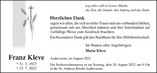 Traueranzeige von Franz Kleve von Neue Osnabrücker Zeitung GmbH & Co. KG