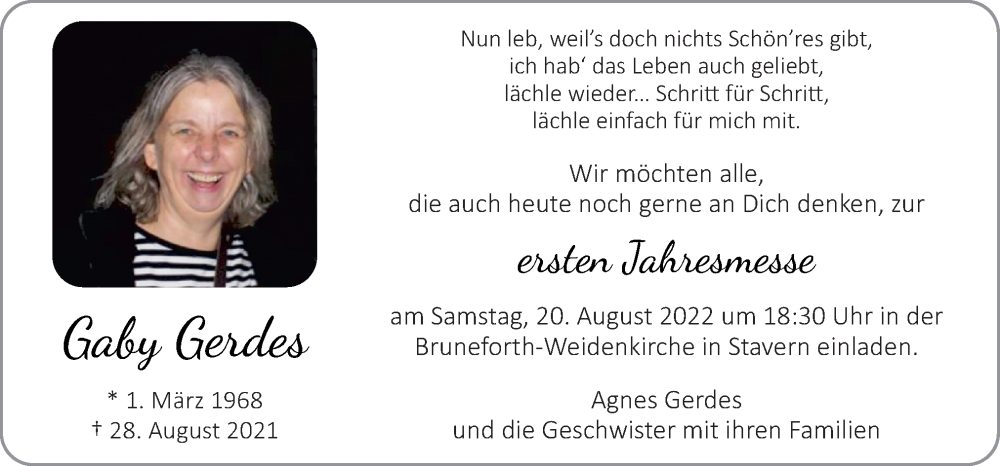  Traueranzeige für Gaby Gerdes vom 17.08.2022 aus Neue Osnabrücker Zeitung GmbH & Co. KG