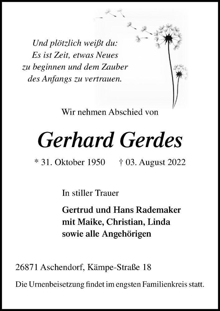  Traueranzeige für Gerhard Gerdes vom 06.08.2022 aus Neue Osnabrücker Zeitung GmbH & Co. KG