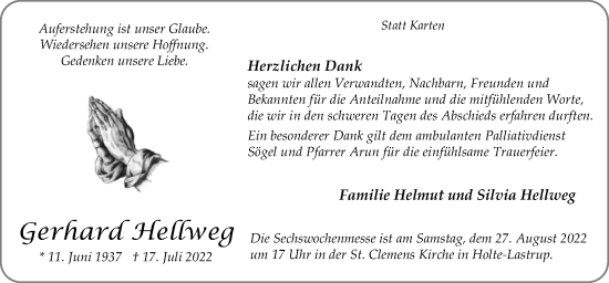 Traueranzeige von Gerhard Hellweg von Neue Osnabrücker Zeitung GmbH & Co. KG