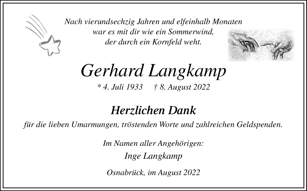  Traueranzeige für Gerhard Langkamp vom 20.08.2022 aus Neue Osnabrücker Zeitung GmbH & Co. KG