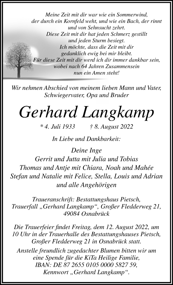  Traueranzeige für Gerhard Langkamp vom 10.08.2022 aus Neue Osnabrücker Zeitung GmbH & Co. KG