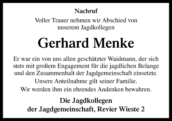 Traueranzeige von Gerhard Menke von Neue Osnabrücker Zeitung GmbH & Co. KG