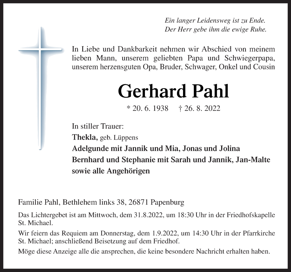  Traueranzeige für Gerhard Pahl vom 29.08.2022 aus Neue Osnabrücker Zeitung GmbH & Co. KG