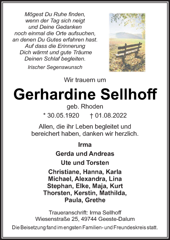 Traueranzeige von Gerhardine Sellhoff von Neue Osnabrücker Zeitung GmbH & Co. KG