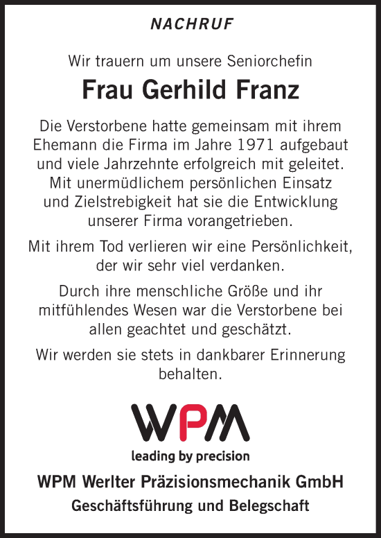 Traueranzeige von Gerhild Franz von Neue Osnabrücker Zeitung GmbH & Co. KG