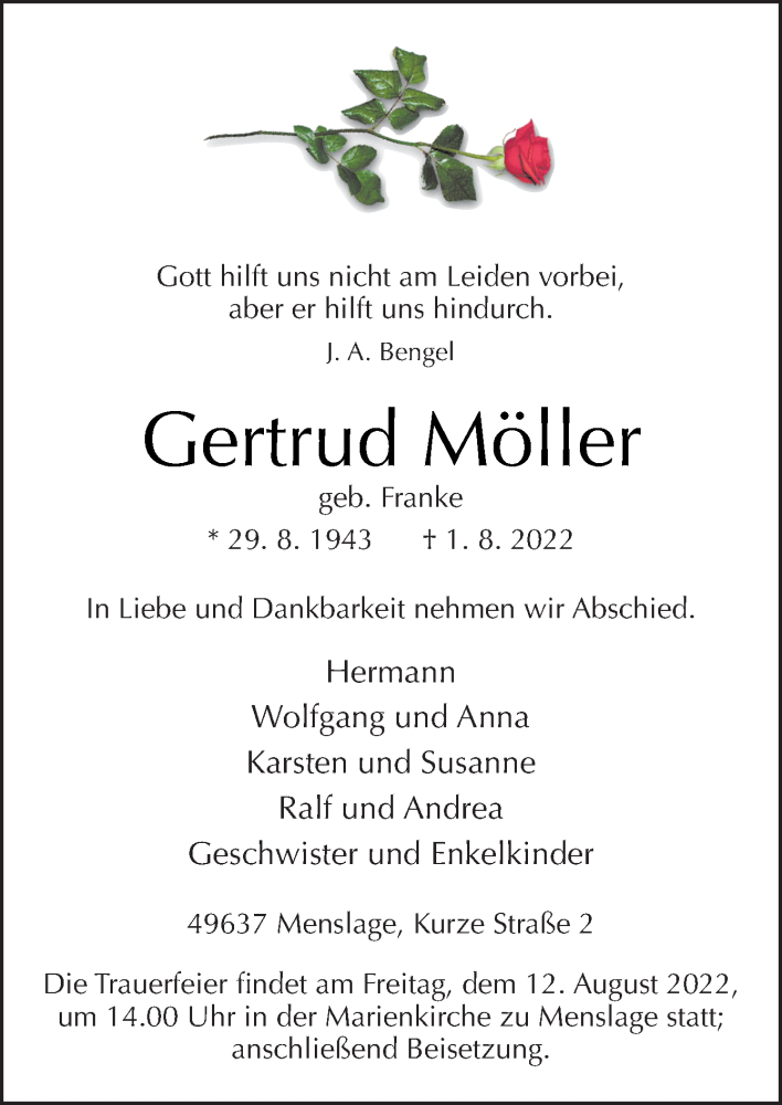  Traueranzeige für Gertrud Möller vom 06.08.2022 aus Neue Osnabrücker Zeitung GmbH & Co. KG
