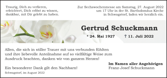 Traueranzeige von Gertrud Schuckmann von Neue Osnabrücker Zeitung GmbH & Co. KG