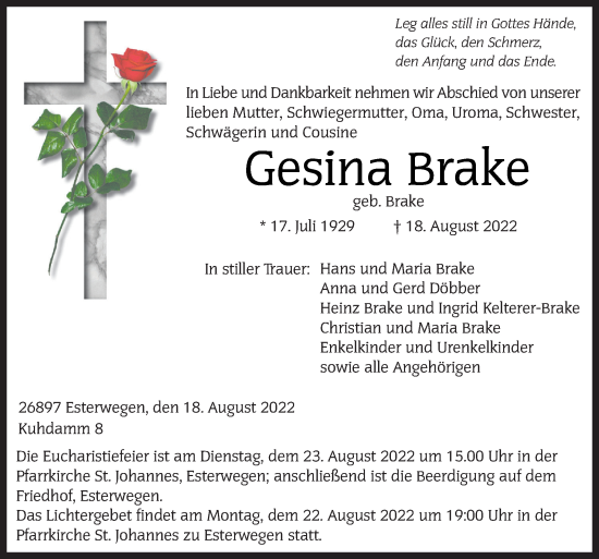 Traueranzeige von Gesina Brake von Neue Osnabrücker Zeitung GmbH & Co. KG