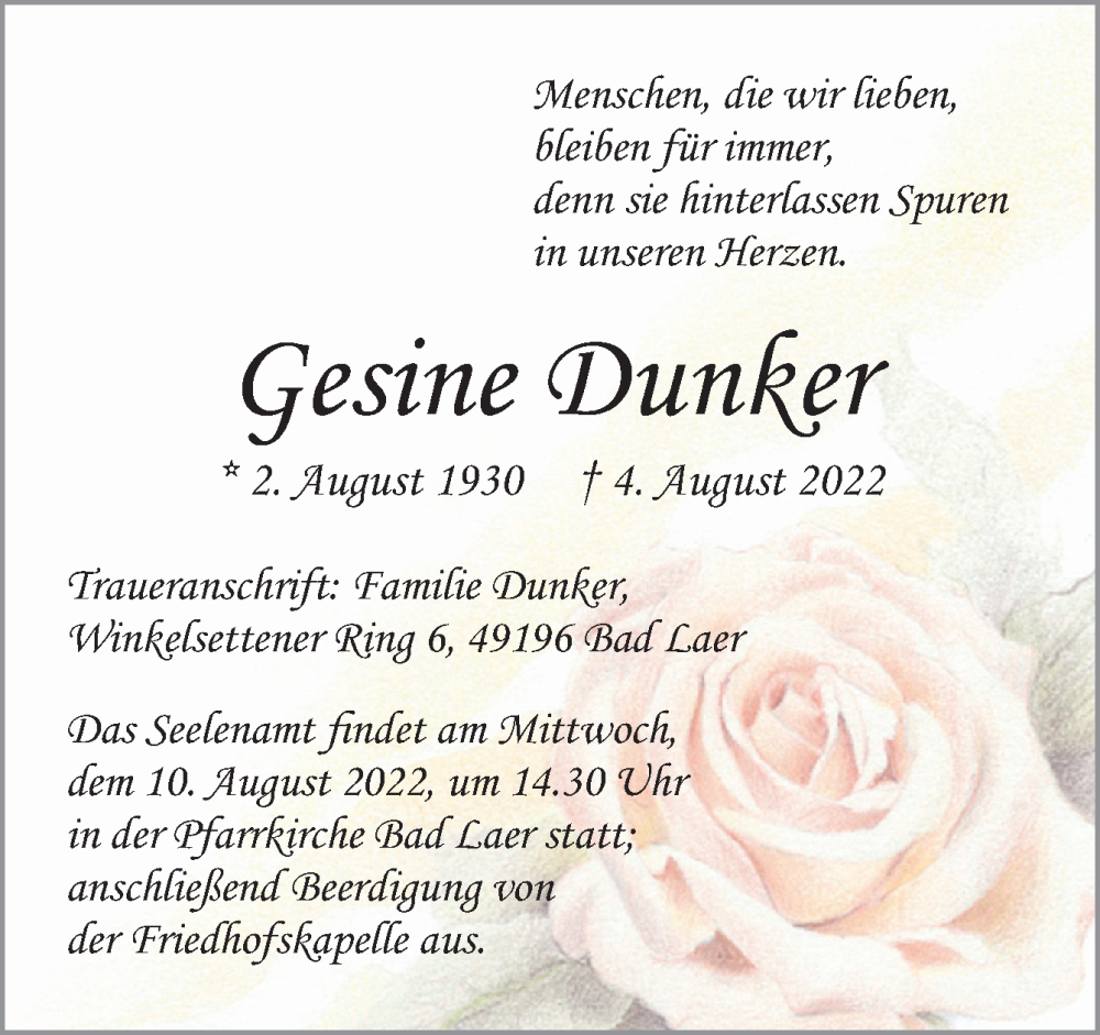  Traueranzeige für Gesine Dunker vom 06.08.2022 aus Neue Osnabrücker Zeitung GmbH & Co. KG