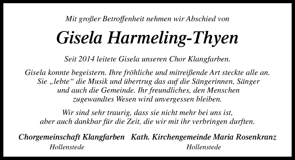  Traueranzeige für Gisela Harmeling-Thyen vom 27.08.2022 aus Neue Osnabrücker Zeitung GmbH & Co. KG