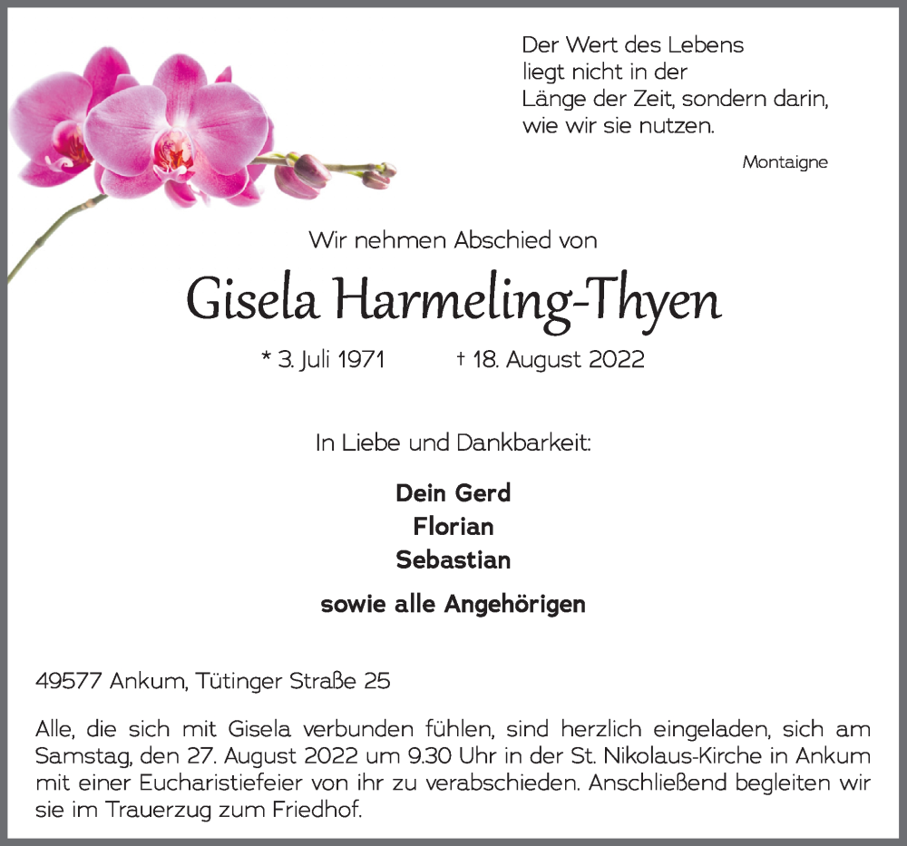  Traueranzeige für Gisela Harmeling-Thyen vom 23.08.2022 aus Neue Osnabrücker Zeitung GmbH & Co. KG